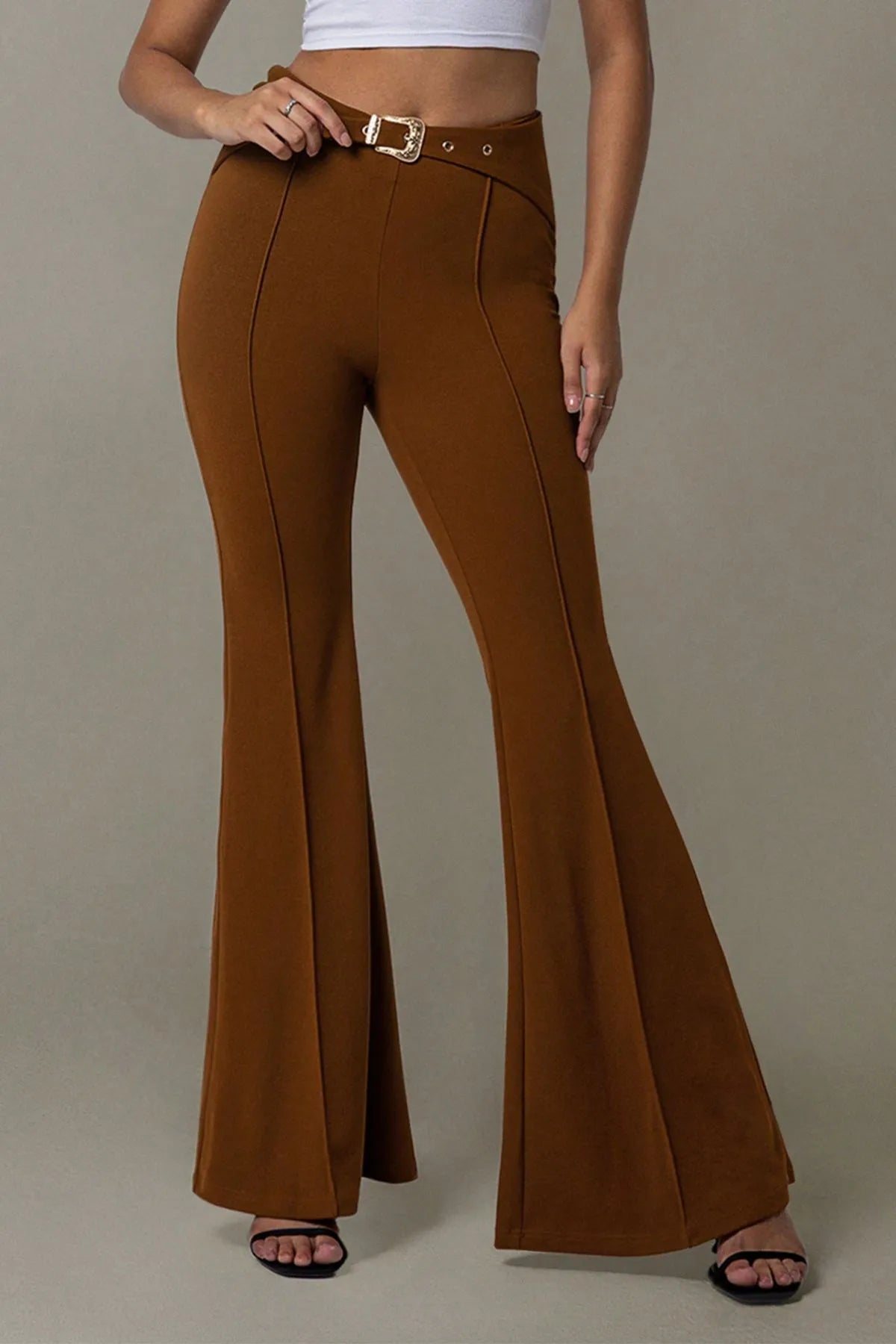 Flare Pants by [Brand Name] | High Waist Design & Chic Buckle Belt - adritiX
