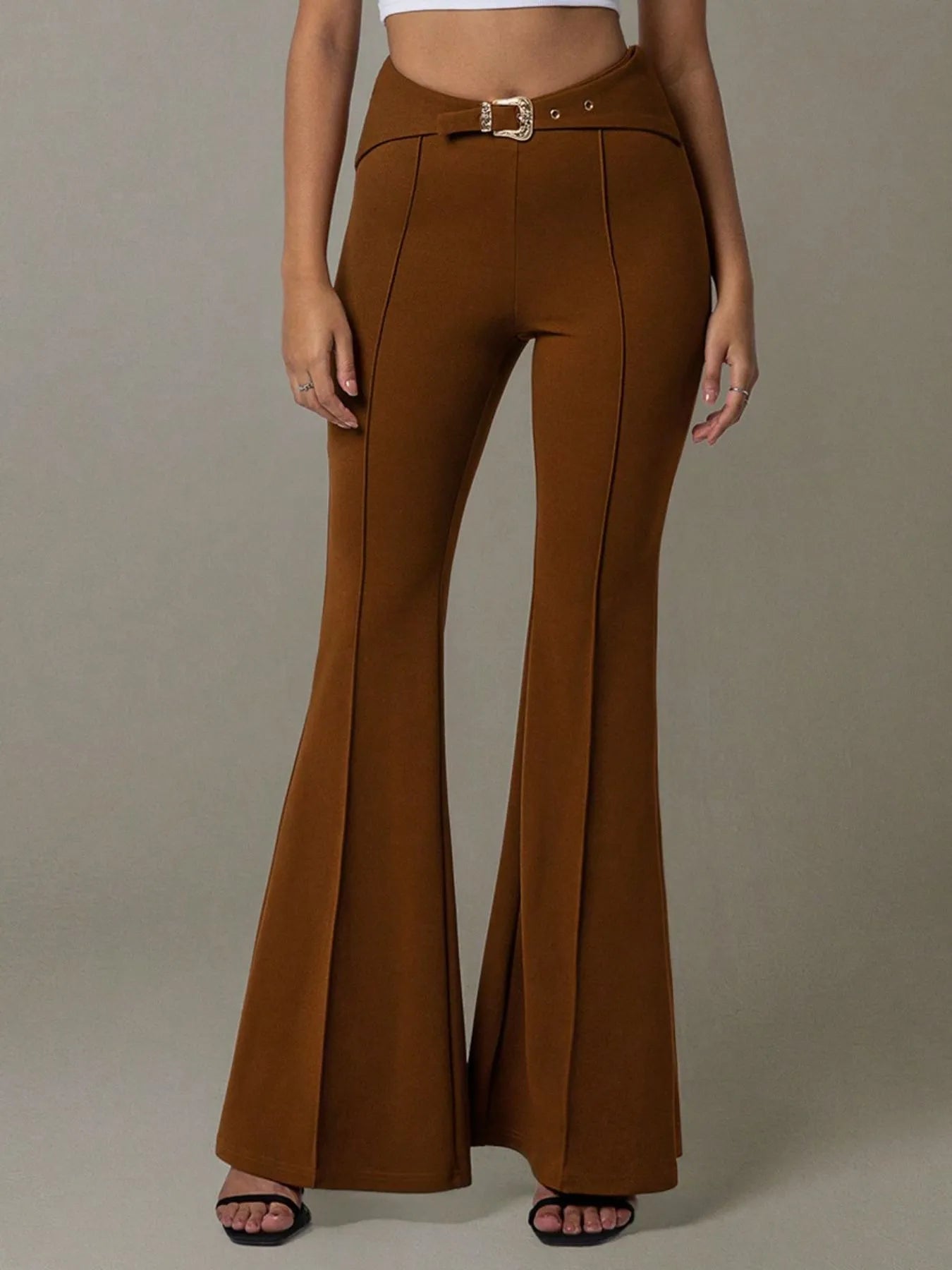 Flare Pants by [Brand Name] | High Waist Design & Chic Buckle Belt - adritiX