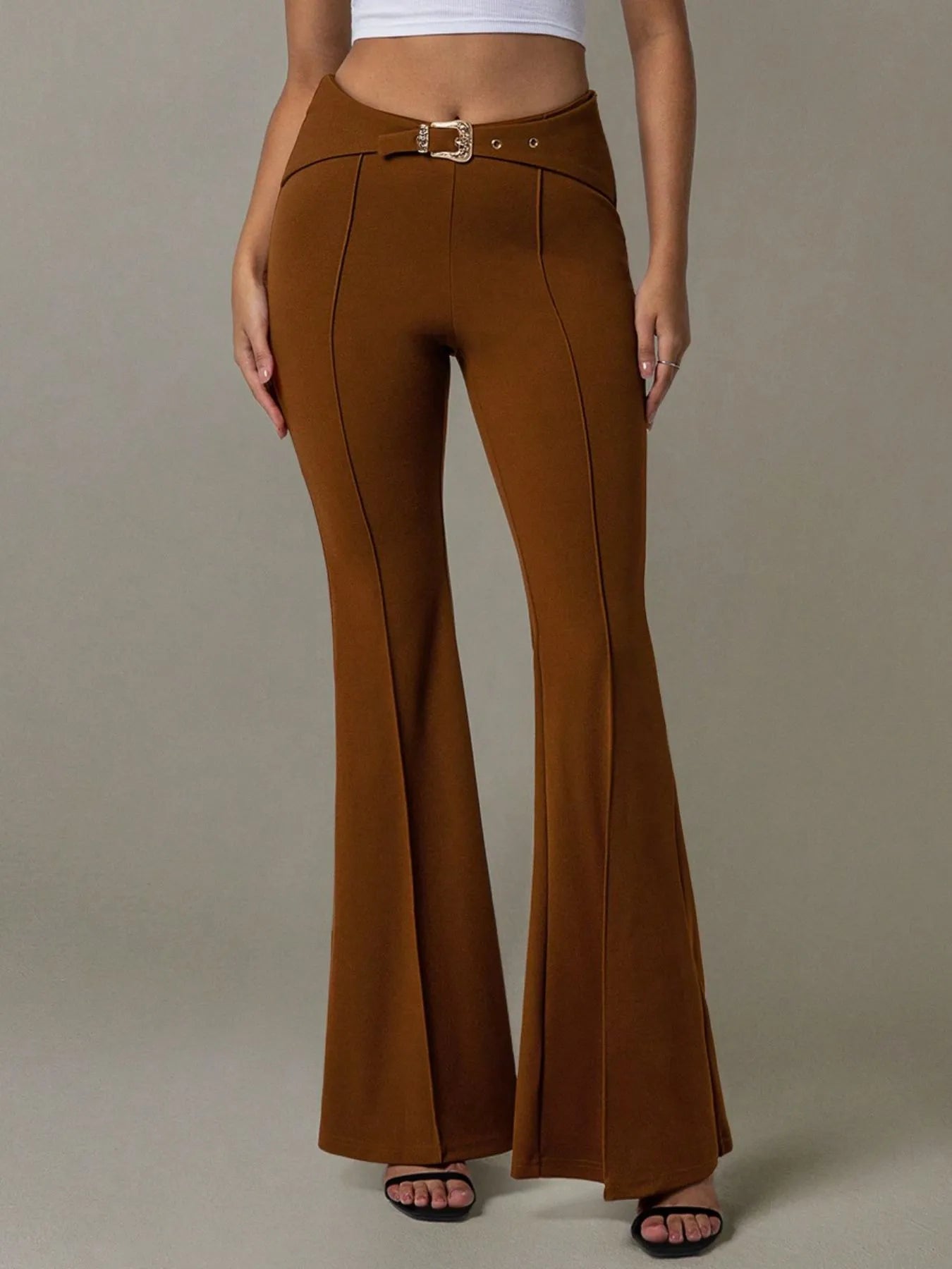 Flare Pants by [Brand Name] | High Waist Design & Chic Buckle Belt - adritiX