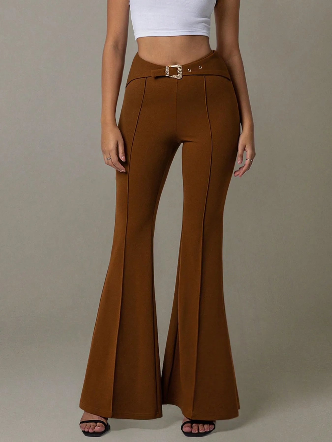 Flare Pants by [Brand Name] | High Waist Design & Chic Buckle Belt - adritiX