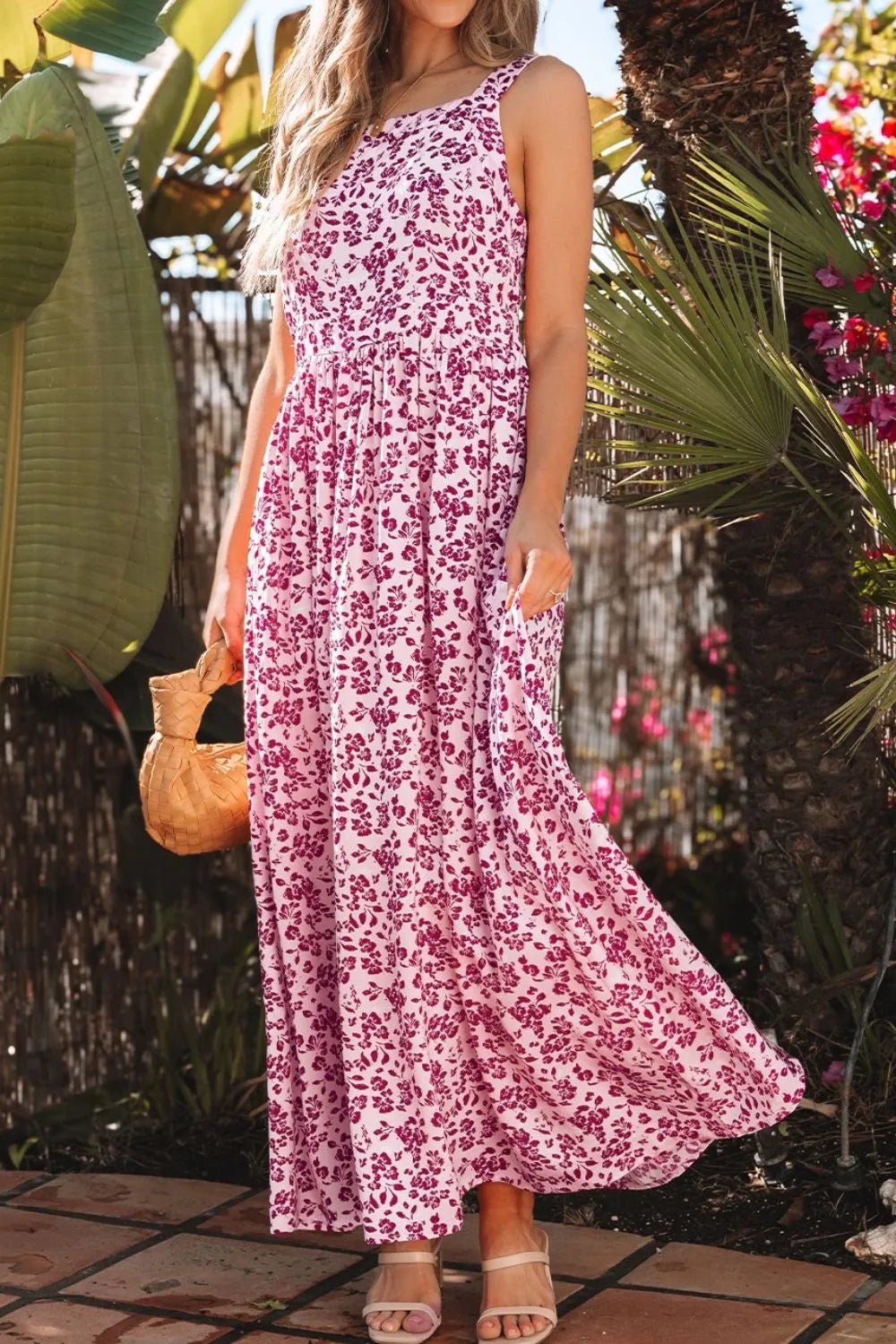 Floral Cutout Back Square Neck Maxi Dress - adritiX