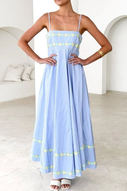 Floral Embroidered Spaghetti Strap Maxi Dress - adritiX