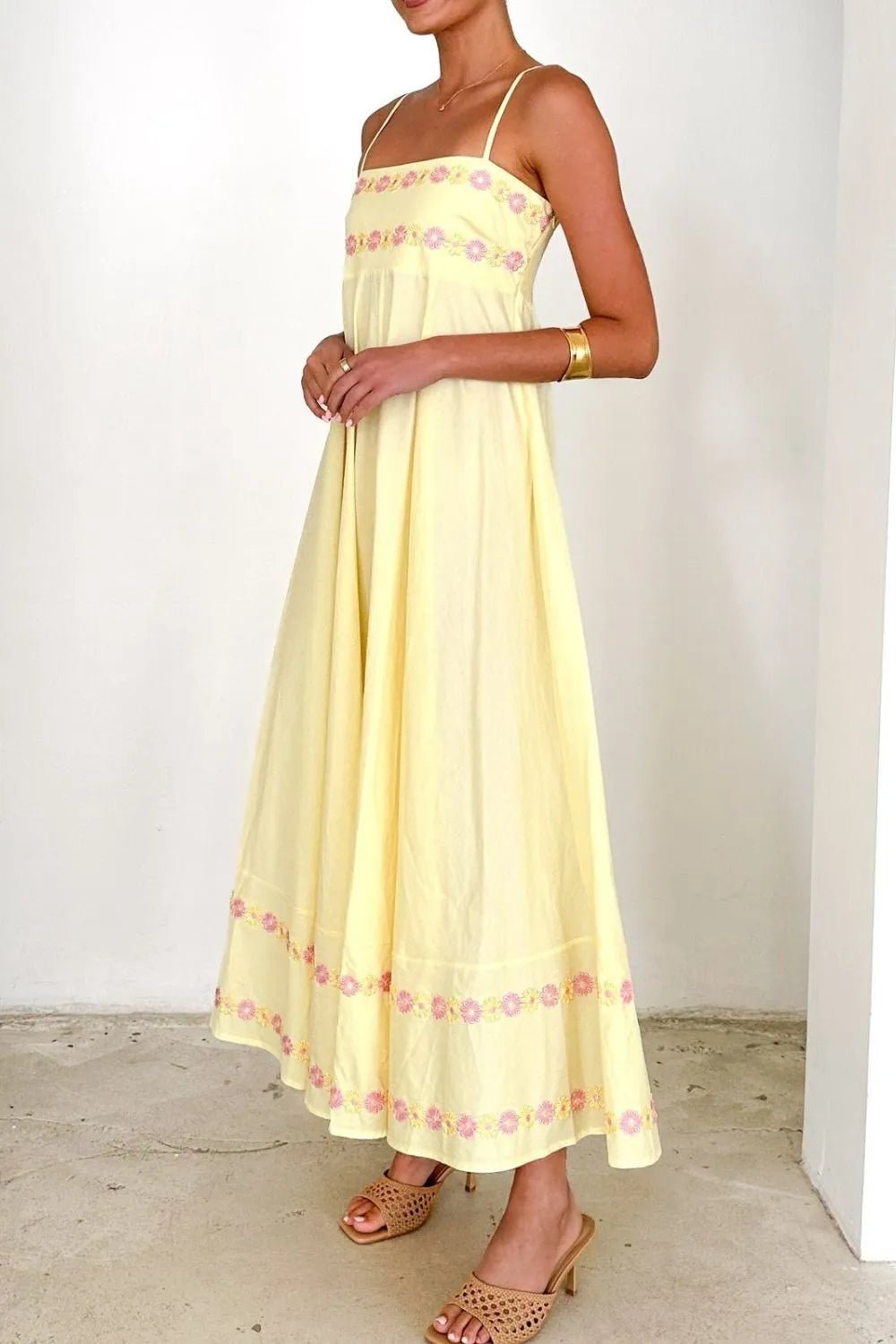 Floral Embroidered Spaghetti Strap Maxi Dress - adritiX