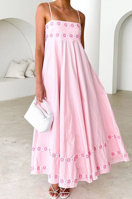 Floral Embroidered Spaghetti Strap Maxi Dress - adritiX