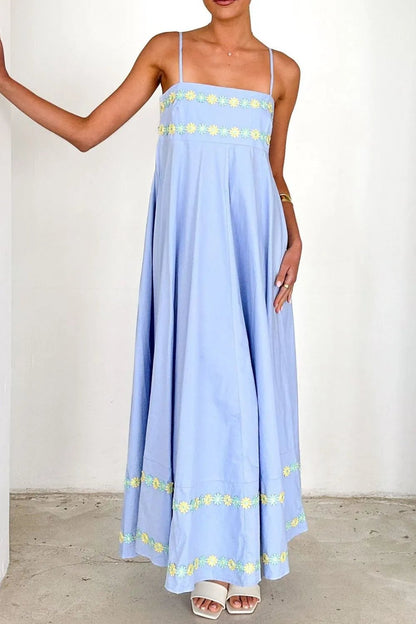 Floral Embroidered Spaghetti Strap Maxi Dress - adritiX