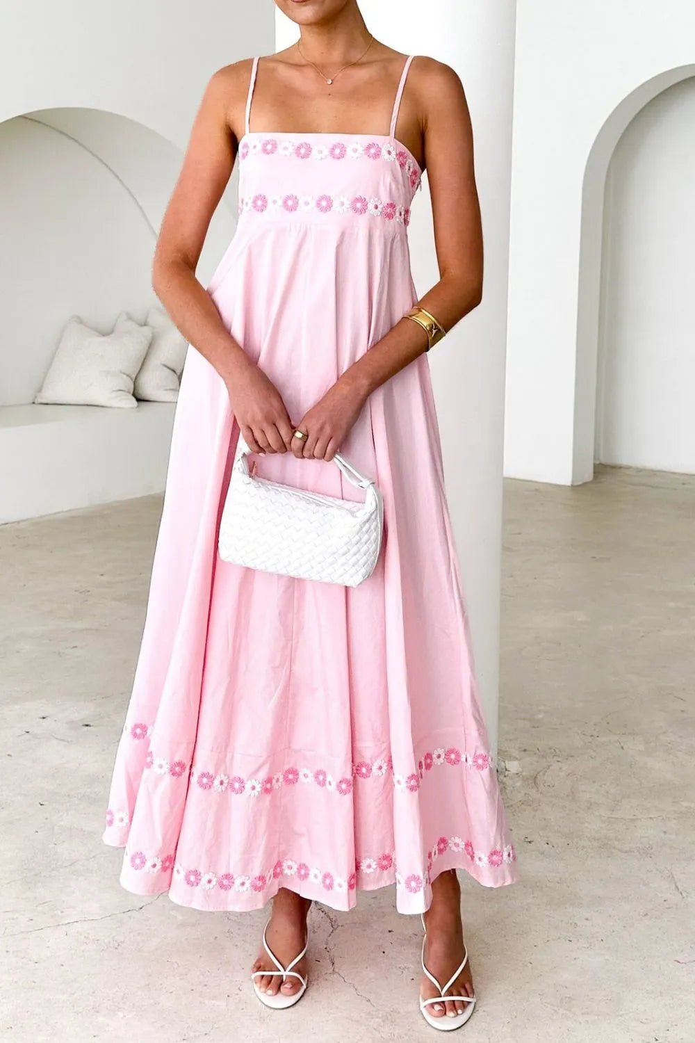 Floral Embroidered Spaghetti Strap Maxi Dress - adritiX