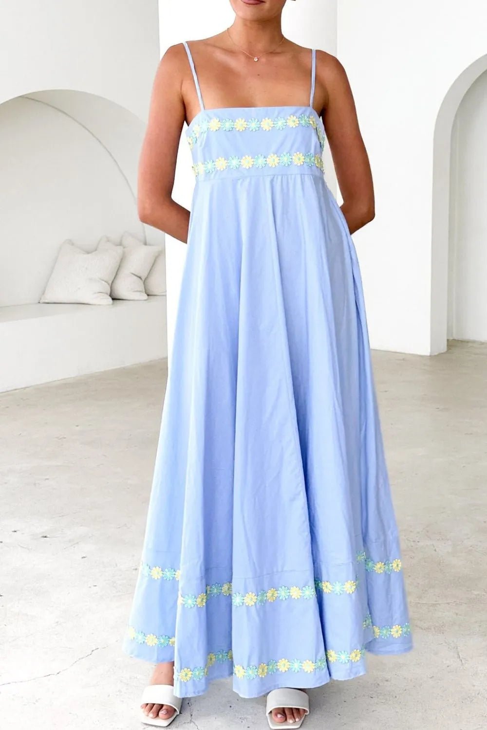 Floral Embroidered Spaghetti Strap Maxi Dress - adritiX