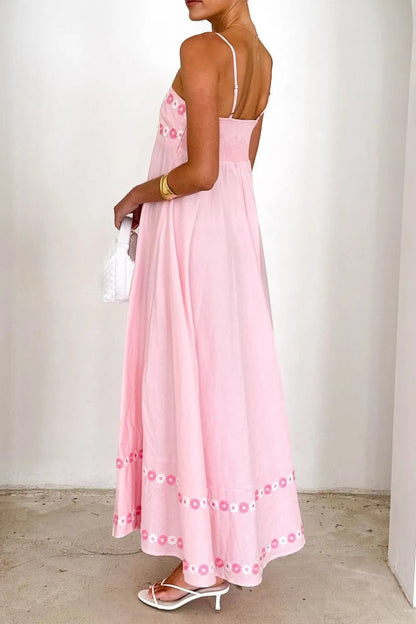 Floral Embroidered Spaghetti Strap Maxi Dress - adritiX