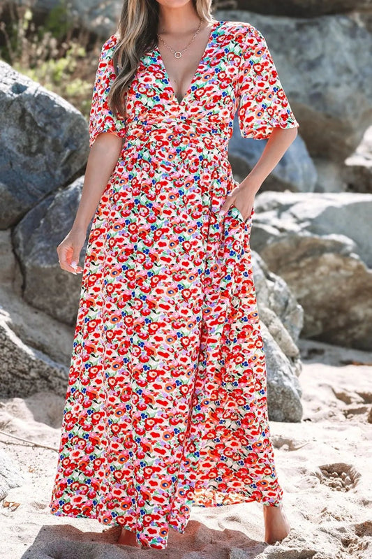 Floral Half Sleeve Deep V Neck Cutout Back Maxi Dress - adritiX