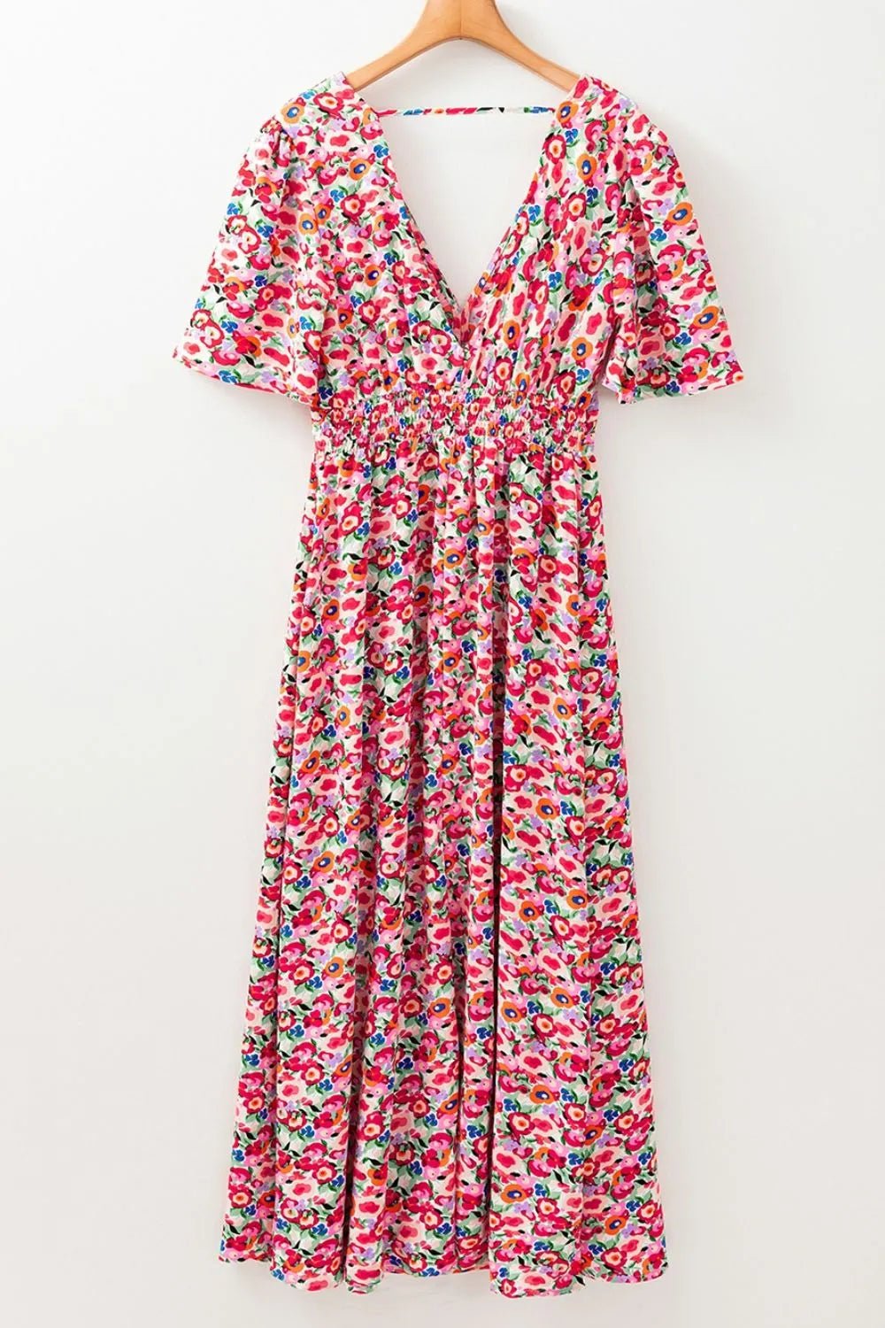 Floral Half Sleeve Deep V Neck Cutout Back Maxi Dress - adritiX