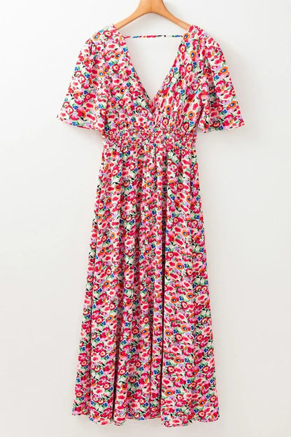 Floral Half Sleeve Deep V Neck Cutout Back Maxi Dress - adritiX