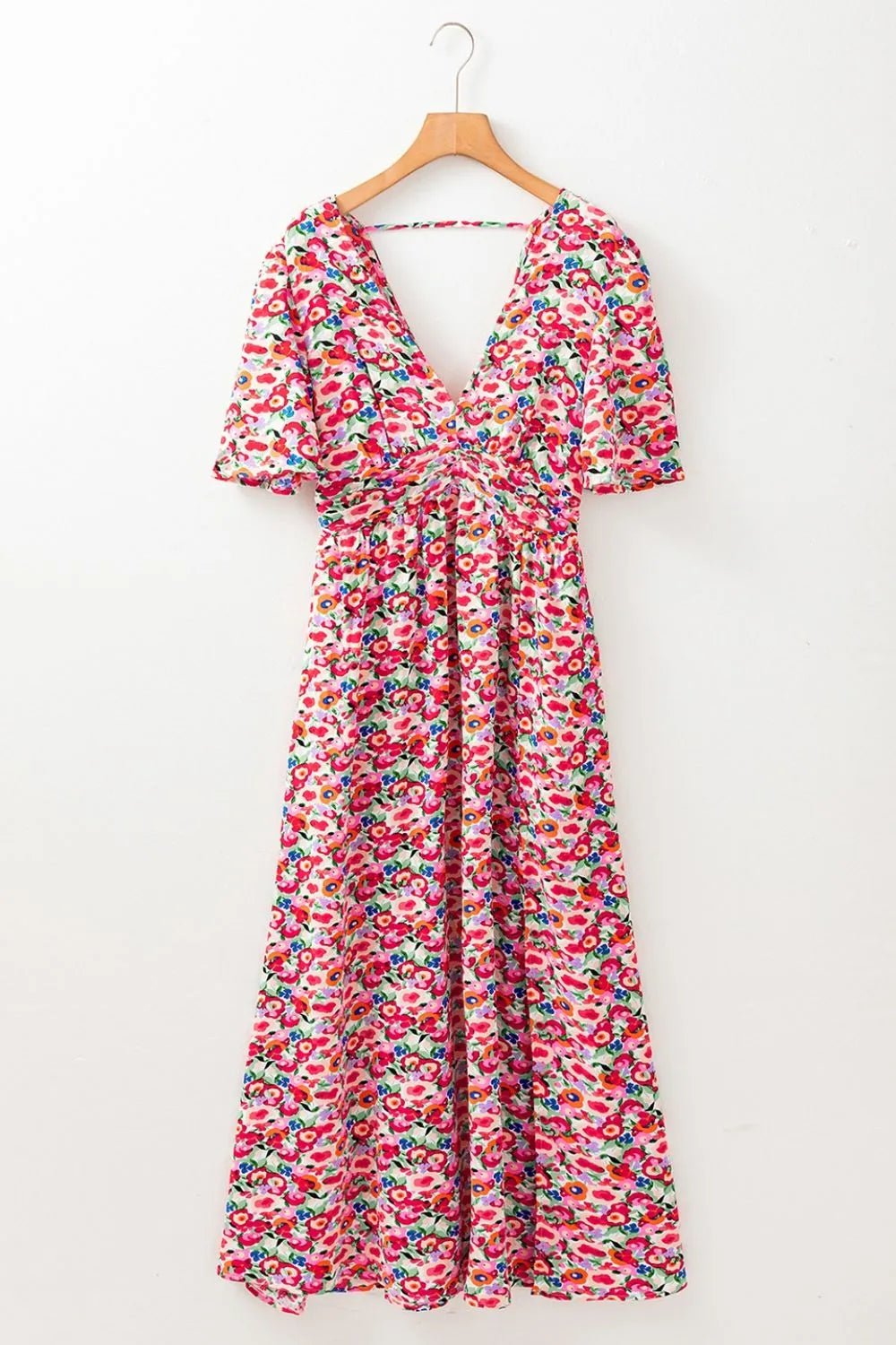 Floral Half Sleeve Deep V Neck Cutout Back Maxi Dress - adritiX