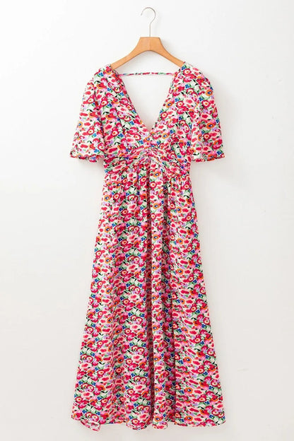 Floral Half Sleeve Deep V Neck Cutout Back Maxi Dress - adritiX