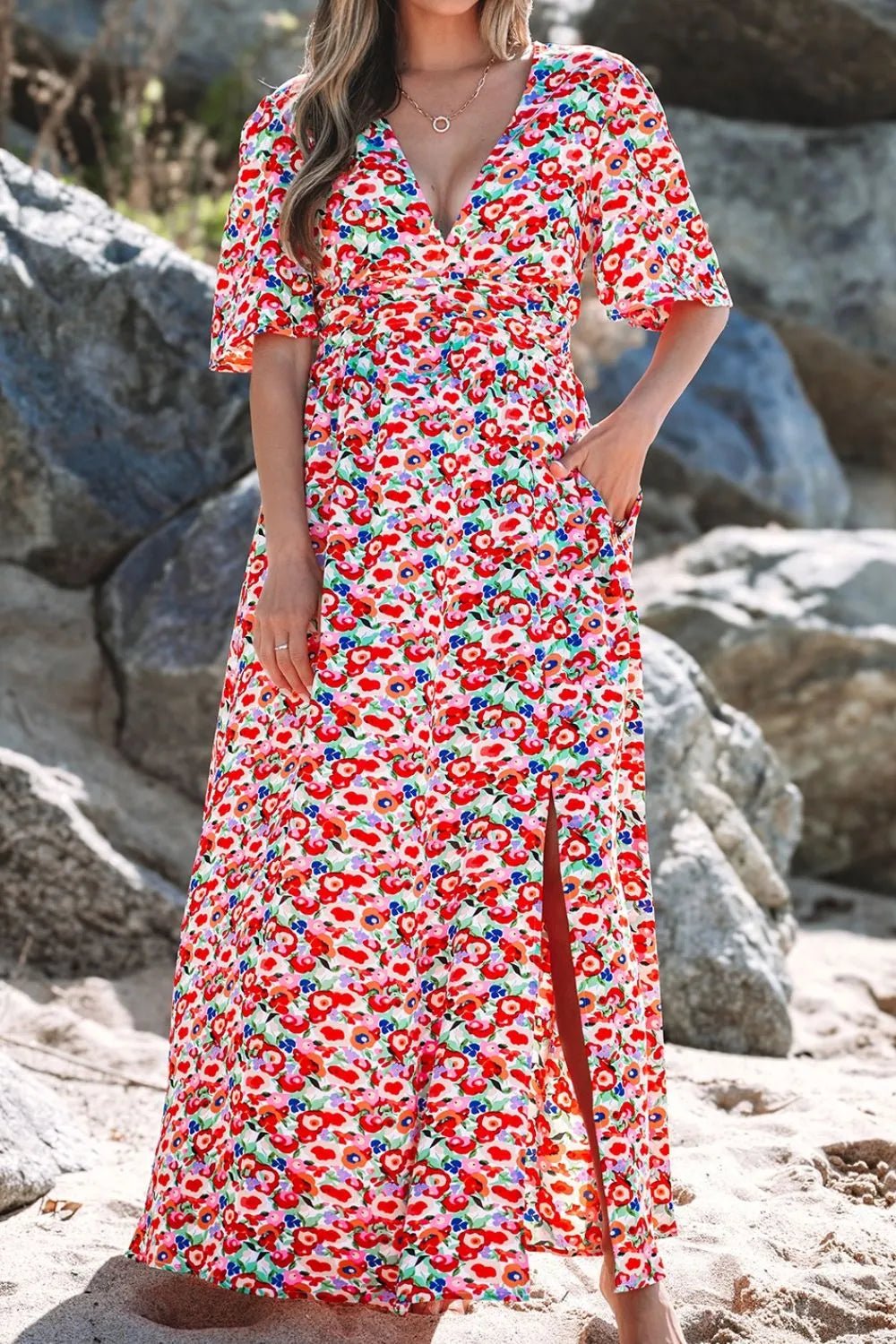Floral Half Sleeve Deep V Neck Cutout Back Maxi Dress - adritiX
