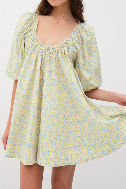 Floral Half Sleeve Frilled U Neck A - line Short Dress - adritiX