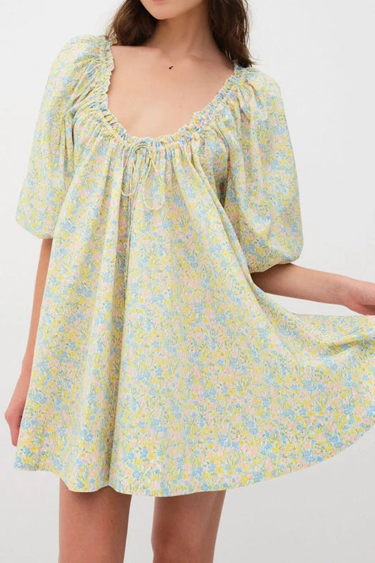 Floral Half Sleeve Frilled U Neck A - line Short Dress - adritiX