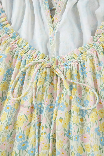 Floral Half Sleeve Frilled U Neck A - line Short Dress - adritiX