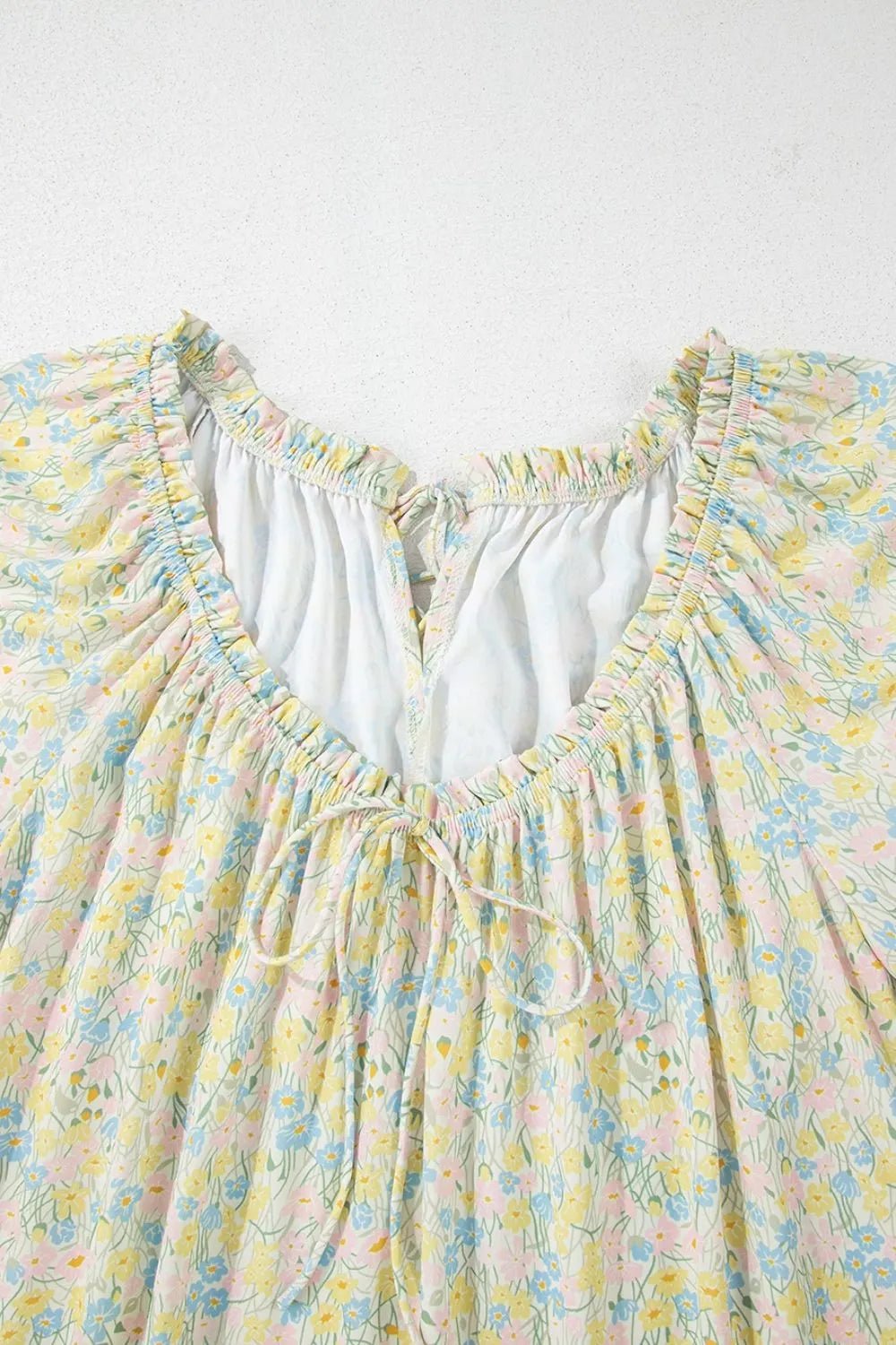 Floral Half Sleeve Frilled U Neck A - line Short Dress - adritiX