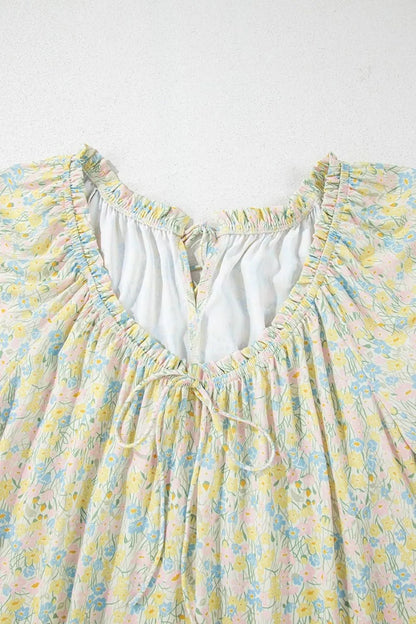 Floral Half Sleeve Frilled U Neck A - line Short Dress - adritiX