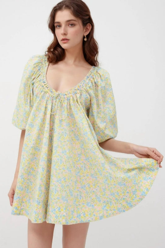 Floral Half Sleeve Frilled U Neck A - line Short Dress - adritiX