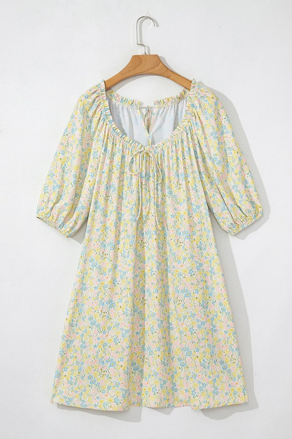 Floral Half Sleeve Frilled U Neck A - line Short Dress - adritiX