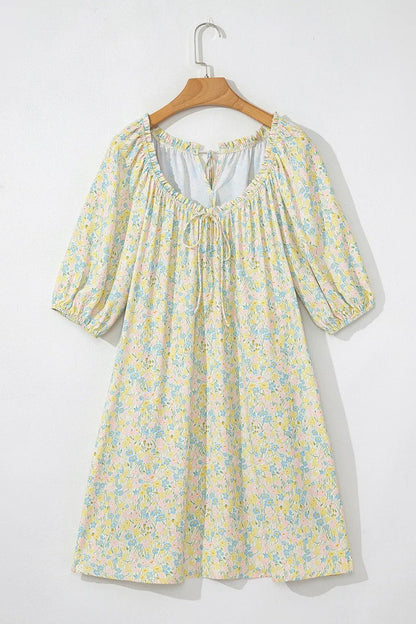 Floral Half Sleeve Frilled U Neck A - line Short Dress - adritiX