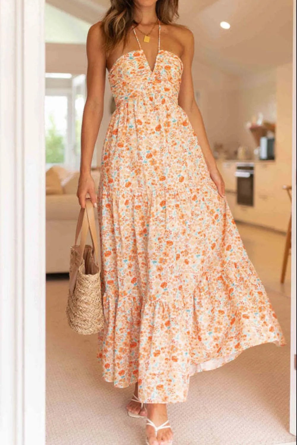 Floral Halter Neck Tiered Maxi Dress - adritiX