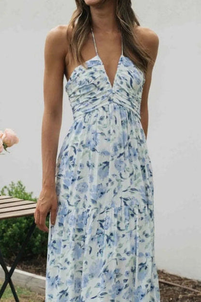 Floral Halter Neck Tiered Maxi Dress - adritiX