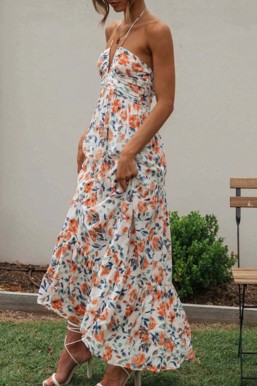 Floral Halter Neck Tiered Maxi Dress - adritiX