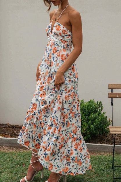 Floral Halter Neck Tiered Maxi Dress - adritiX