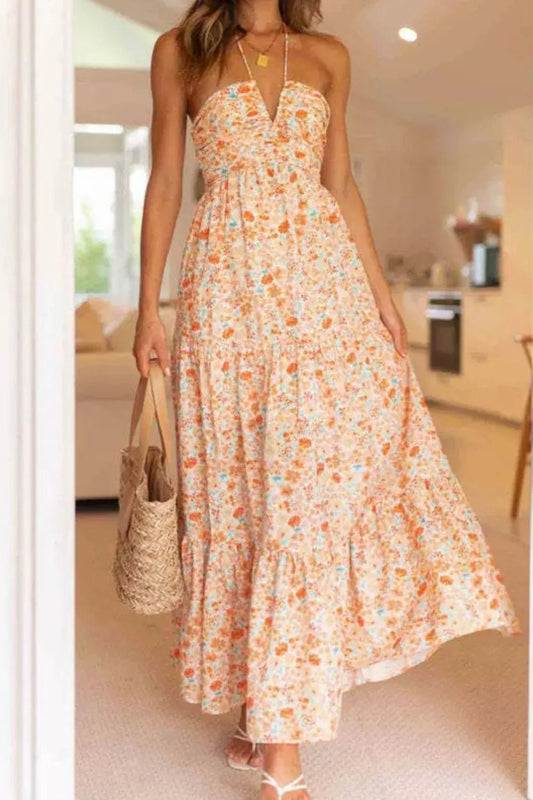 Floral Halter Neck Tiered Maxi Dress - adritiX