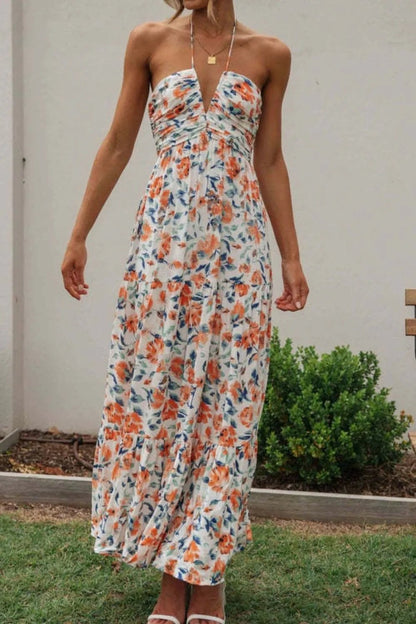 Floral Halter Neck Tiered Maxi Dress - adritiX