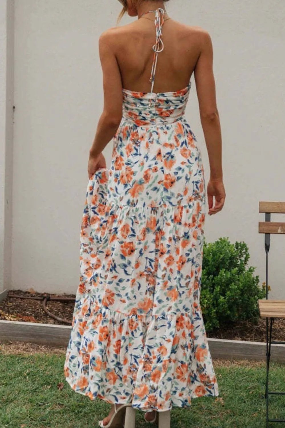 Floral Halter Neck Tiered Maxi Dress - adritiX
