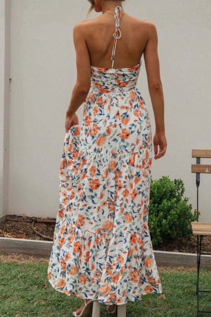 Floral Halter Neck Tiered Maxi Dress - adritiX