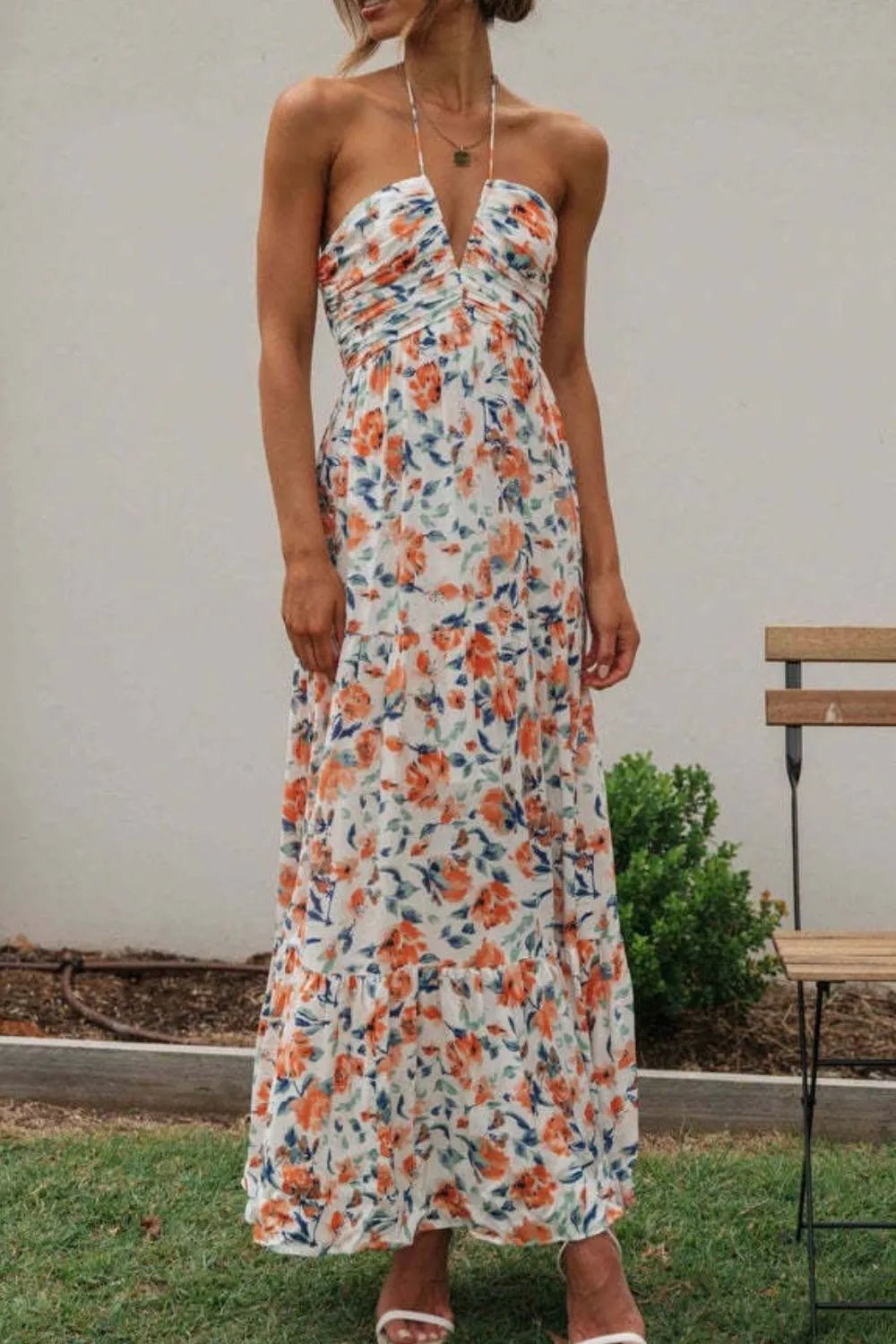 Floral Halter Neck Tiered Maxi Dress - adritiX