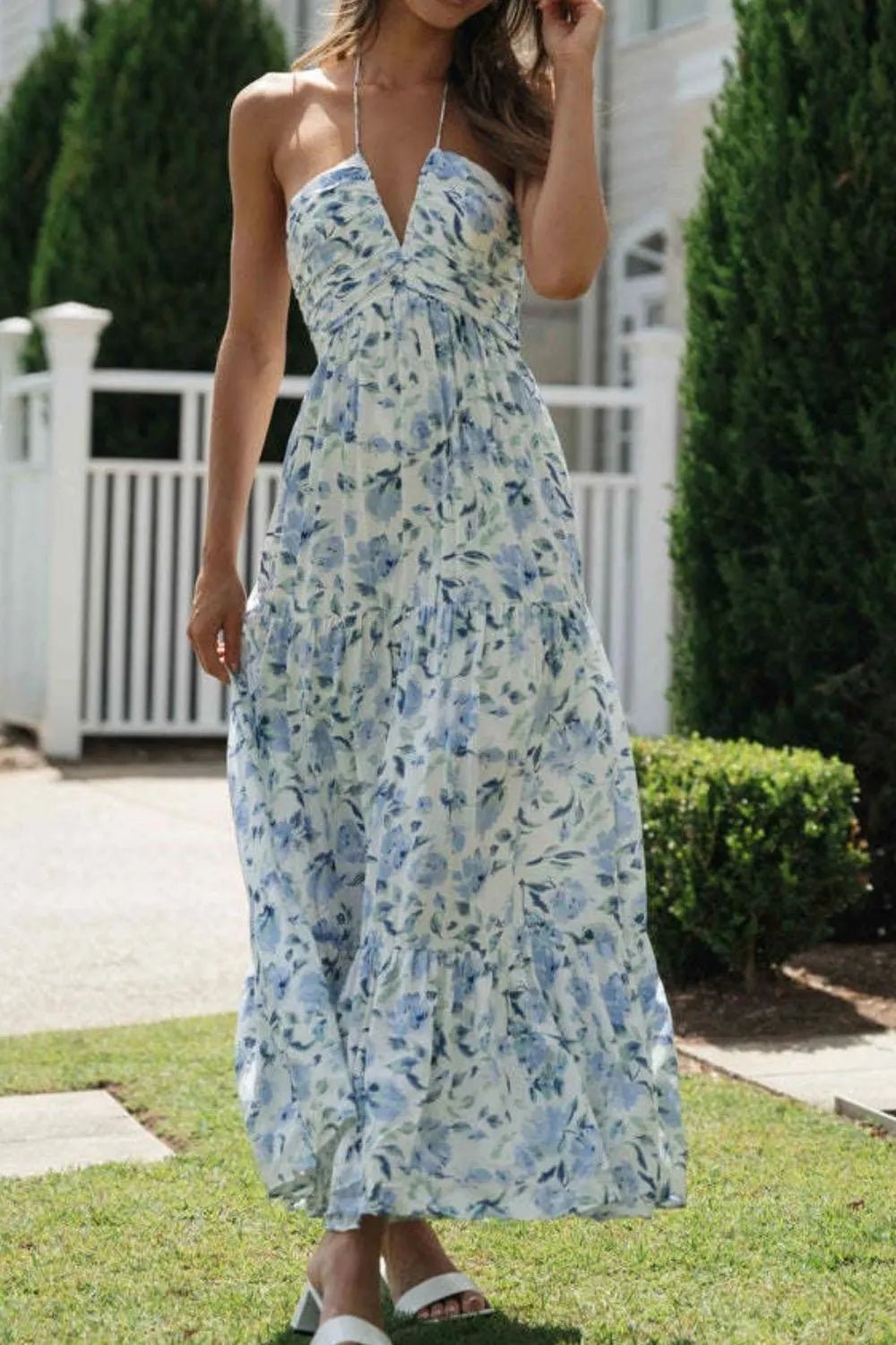 Floral Halter Neck Tiered Maxi Dress - adritiX