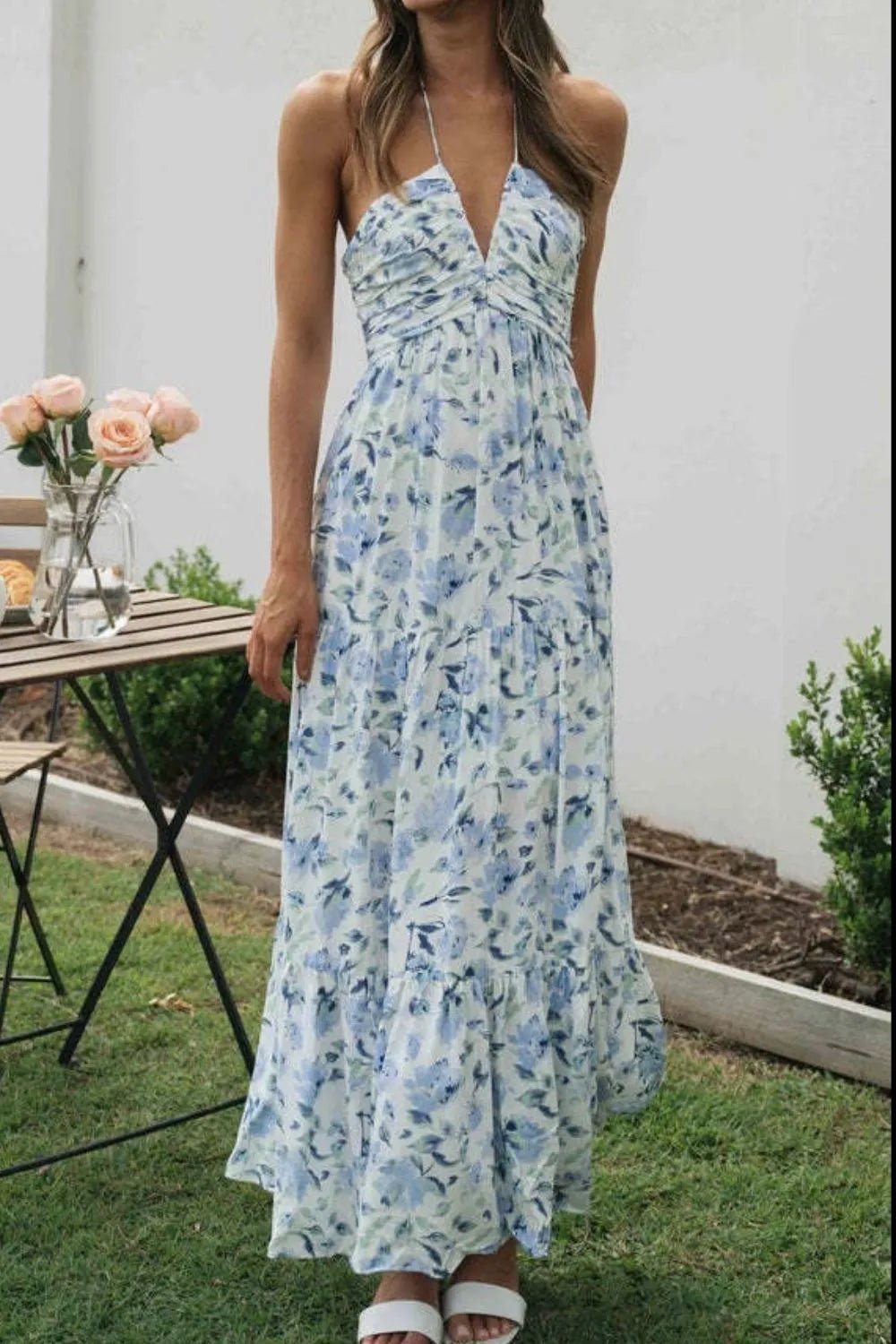 Floral Halter Neck Tiered Maxi Dress - adritiX