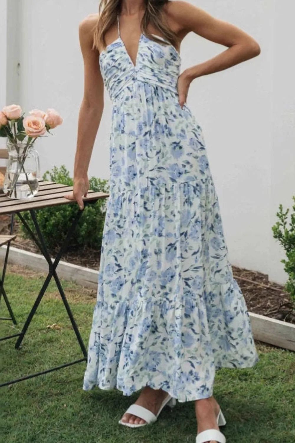 Floral Halter Neck Tiered Maxi Dress - adritiX