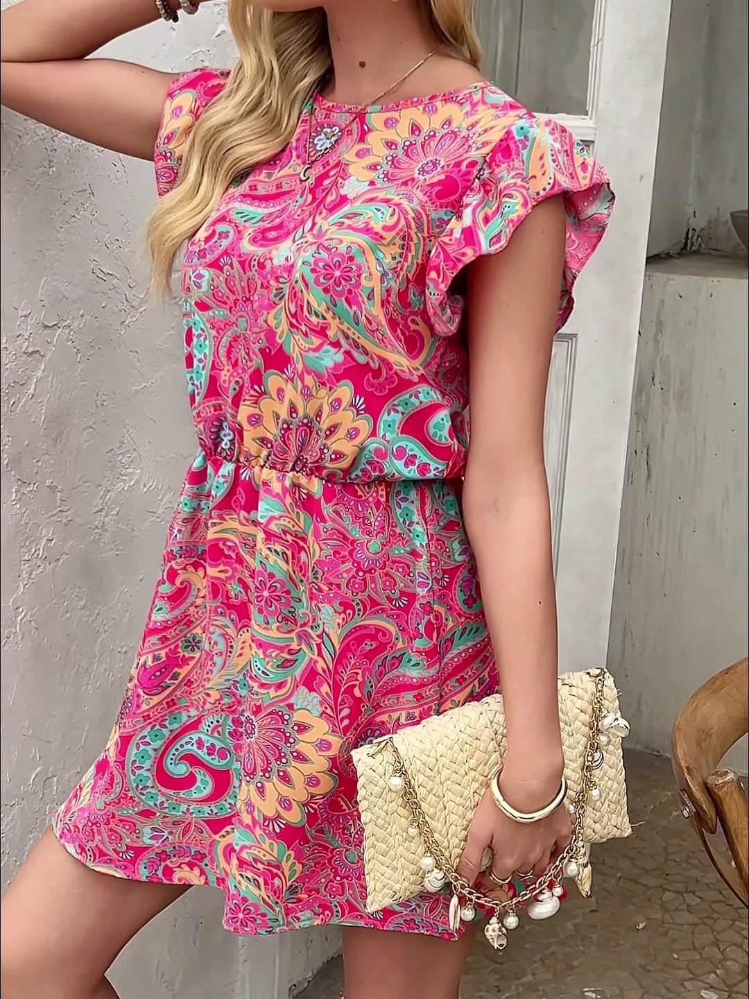 Floral Paisley Print Flutter Sleeve Mini Dress - adritiX