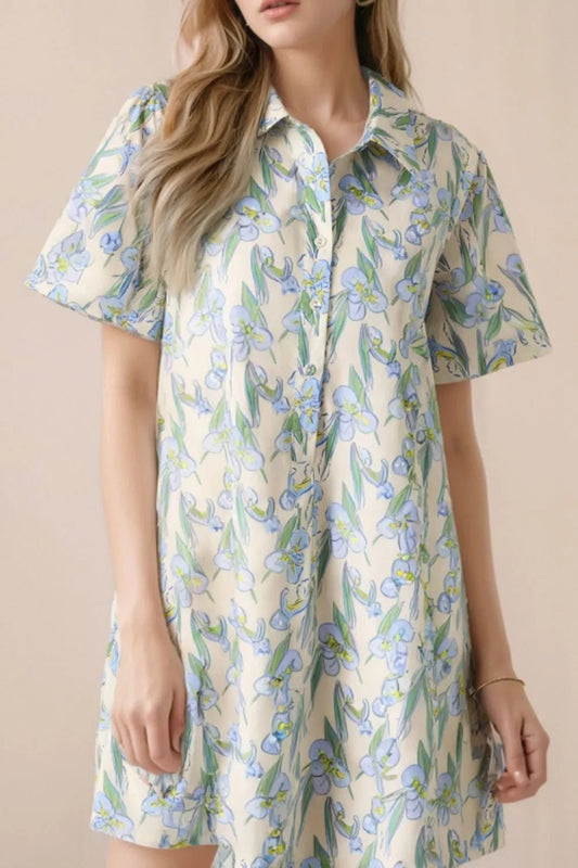 Floral Print Button - Up Shirt Dress - adritiX