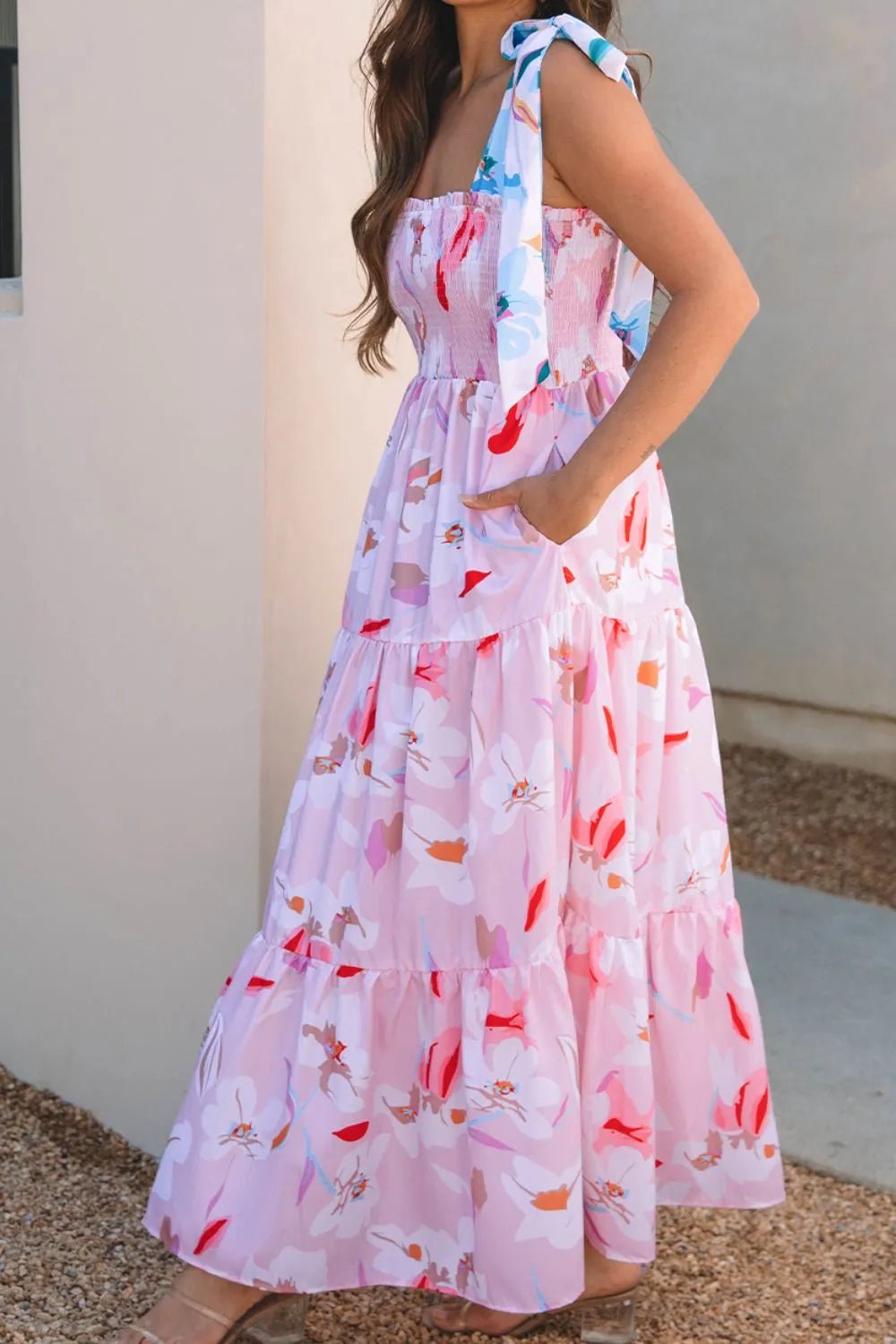 Floral Print Knotted Shoulder Smocked Maxi Dress - adritiX
