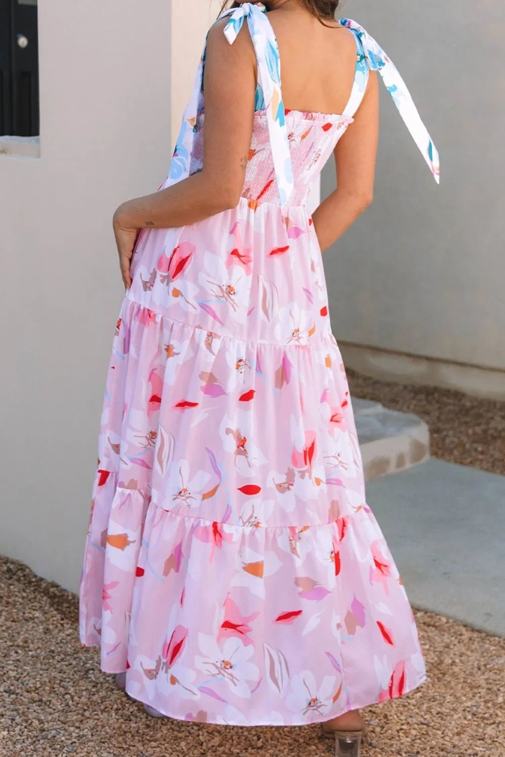 Floral Print Knotted Shoulder Smocked Maxi Dress - adritiX