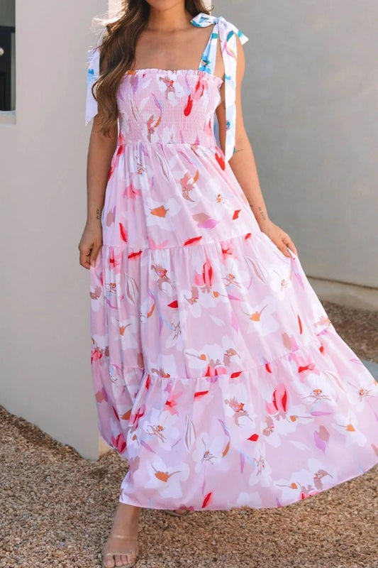 Floral Print Knotted Shoulder Smocked Maxi Dress - adritiX