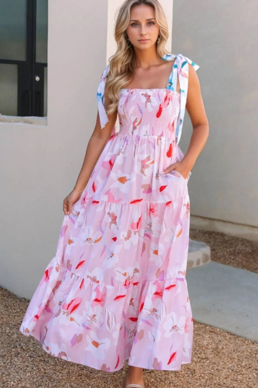 Floral Print Knotted Shoulder Smocked Maxi Dress - adritiX