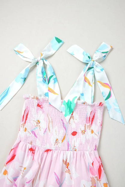 Floral Print Knotted Shoulder Smocked Maxi Dress - adritiX