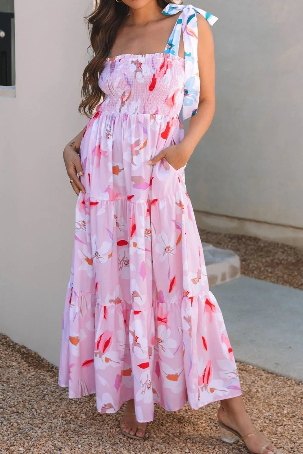 Floral Print Knotted Shoulder Smocked Maxi Dress - adritiX