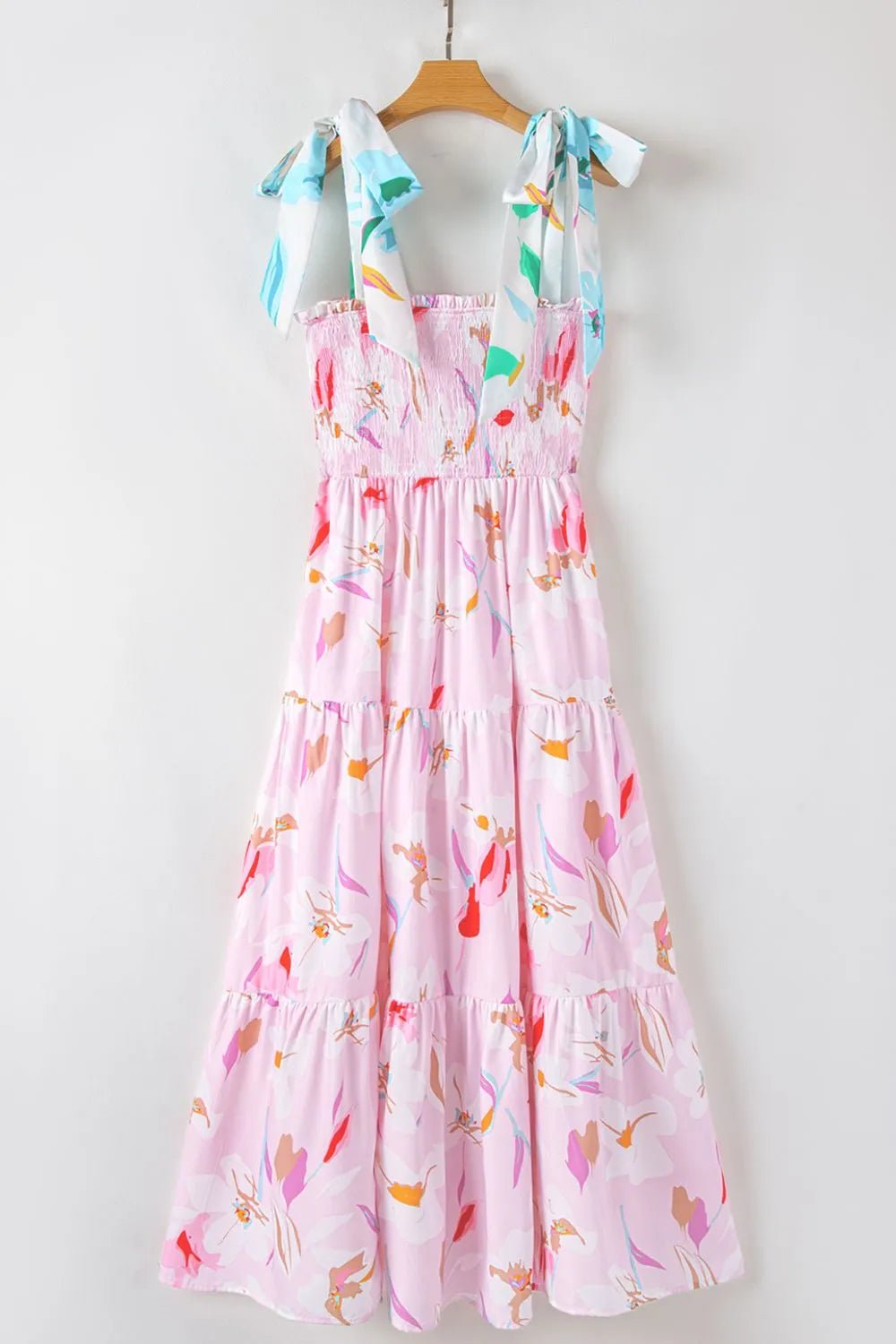 Floral Print Knotted Shoulder Smocked Maxi Dress - adritiX