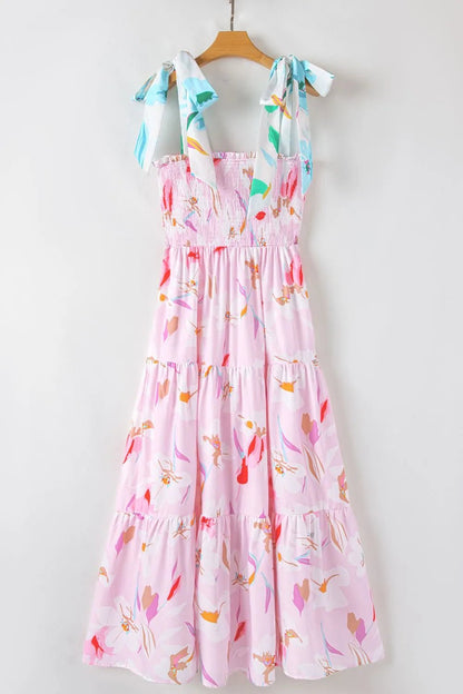 Floral Print Knotted Shoulder Smocked Maxi Dress - adritiX