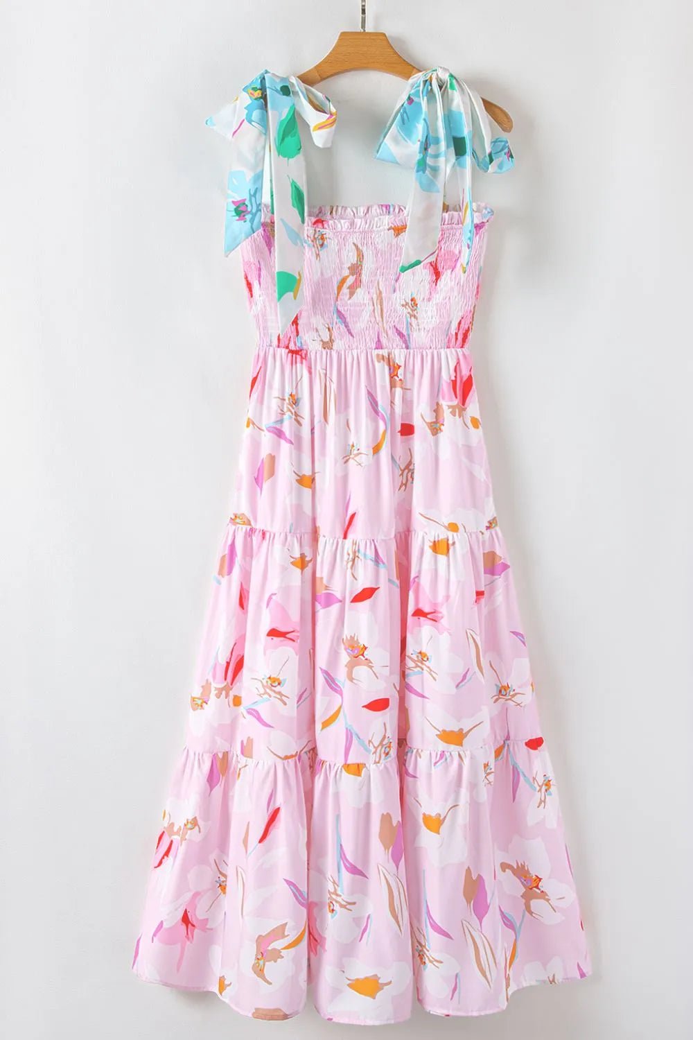 Floral Print Knotted Shoulder Smocked Maxi Dress - adritiX