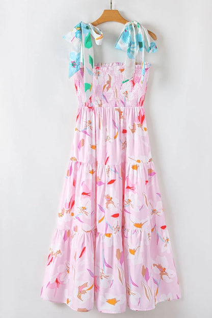 Floral Print Knotted Shoulder Smocked Maxi Dress - adritiX